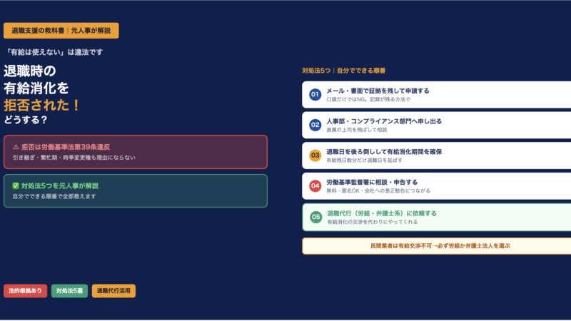 退職時に有給消化を拒否された！どうする？元人事が法的根拠と5つの対処法を解説