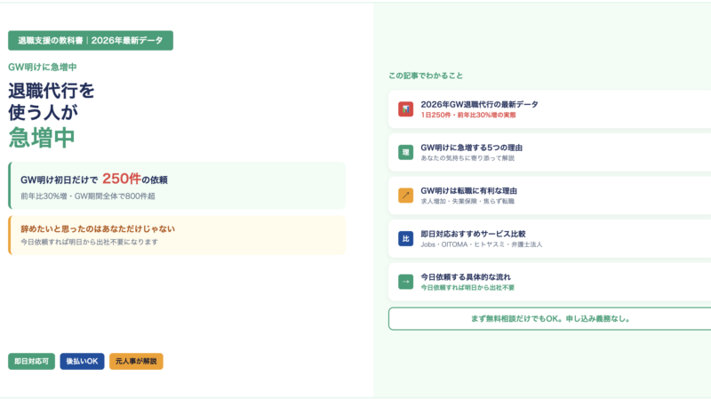 GW明けに退職代行を使う人が急増中【2026年最新】理由・使い方・おすすめサービスを元人事が解説